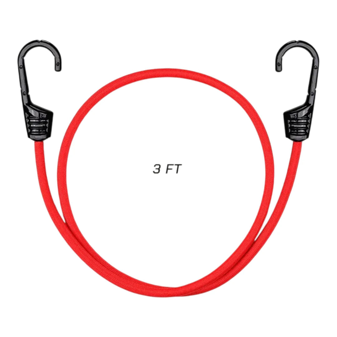 Motodrift ViaTerra 3-foot red bungee cord with heavy-duty black plastic-coated metal hooks for motorcycle luggage.