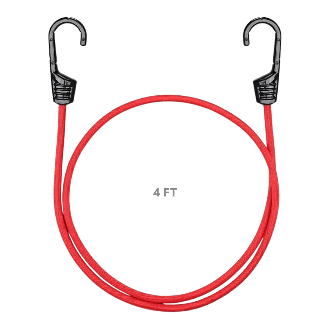 ViaTerra red 4ft bungee cord with heavy-duty plastic-coated metal hooks for motorcycle luggage securing.