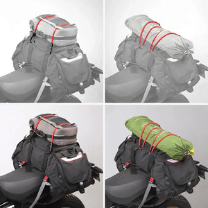 ViaTerra red bungee cord securing various luggage bags on a motorcycle seat for touring.
