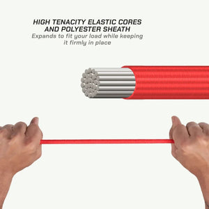 Motodrift ViaTerra red bungee cord showing high-tenacity elastic core and braided polyester sheath under tension