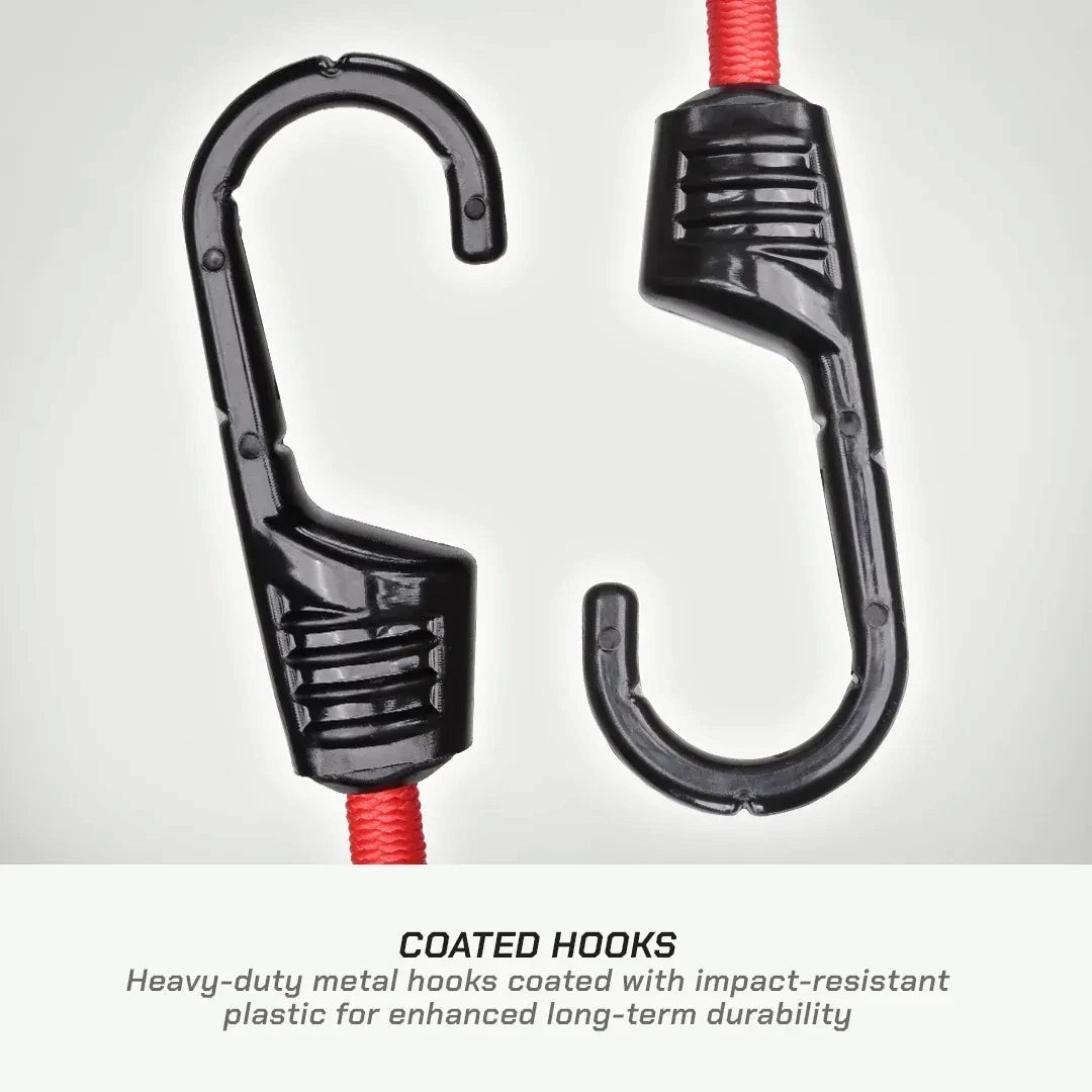 Motodrift ViaTerra red bungee cord featuring heavy-duty metal hooks with impact-resistant plastic coating