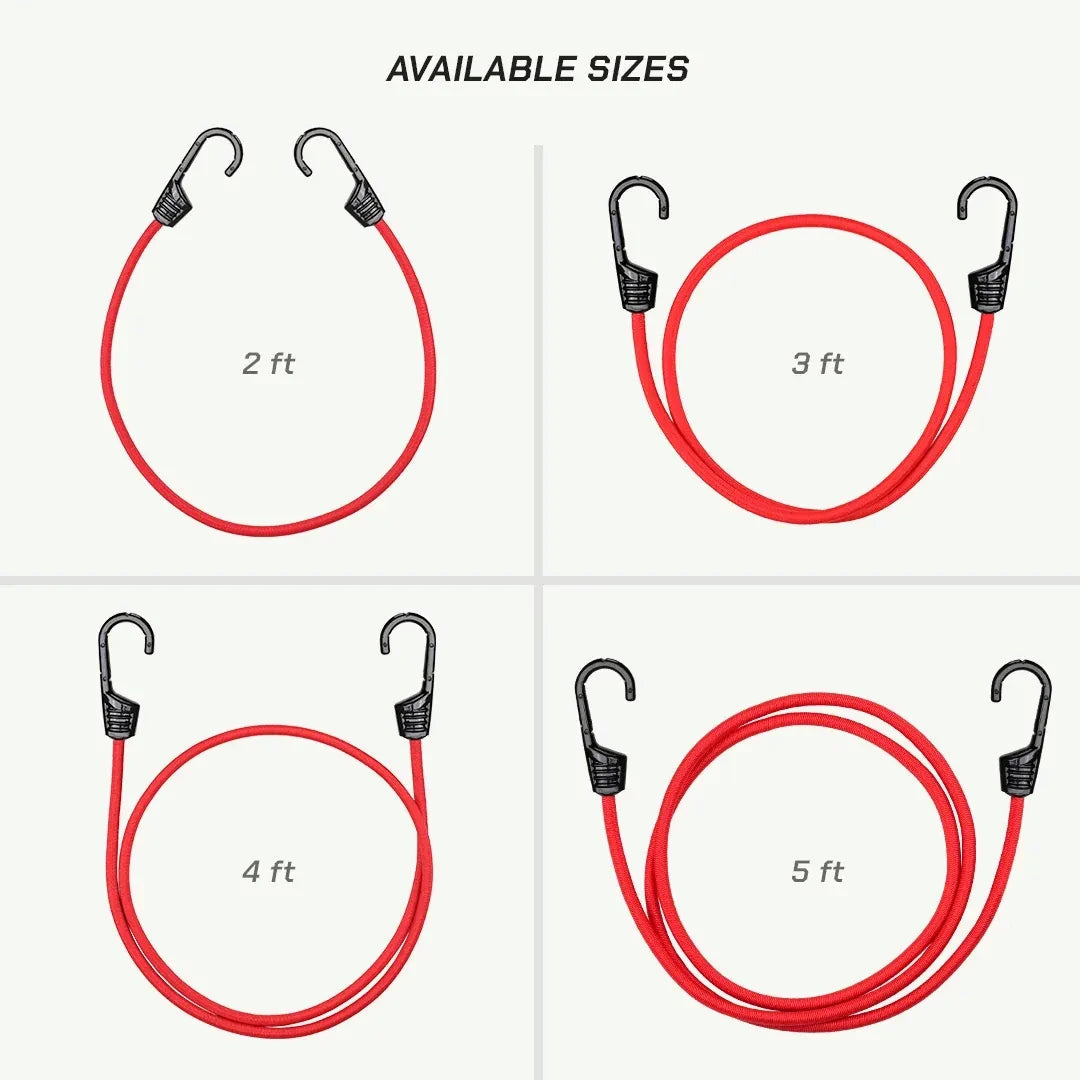 ViaTerra red bungee cords with heavy-duty hooks shown in 2ft, 3ft, 4ft, and 5ft length options.