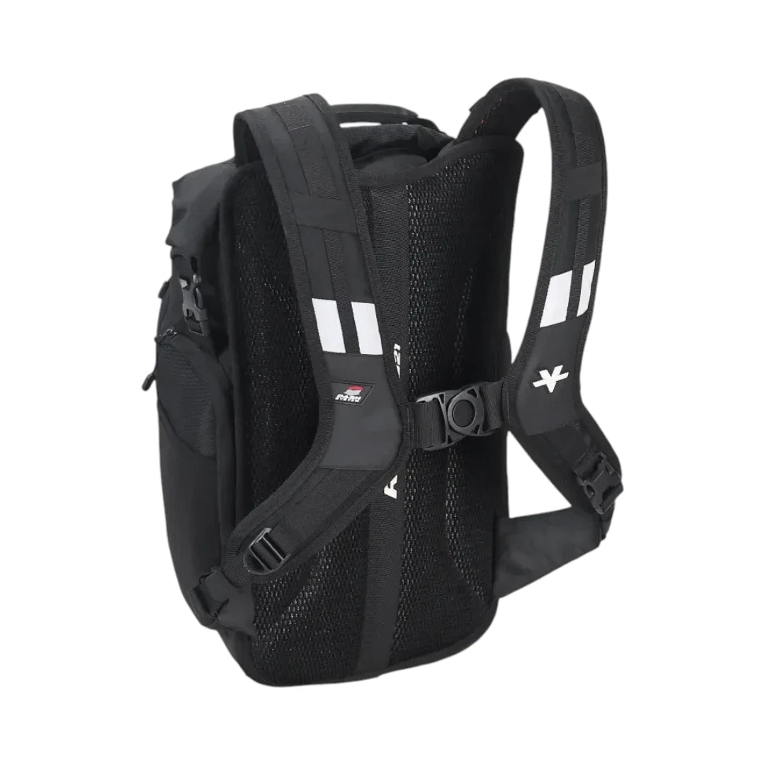 ViaTerra Ruckus 21 black motorcycle backpack featuring a breathable 3D air mesh harness and reflective straps