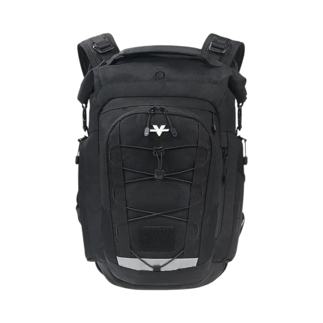 ViaTerra Ruckus 21 black motorcycle backpack with bungee cord, reflective strips, and durable polyester build.