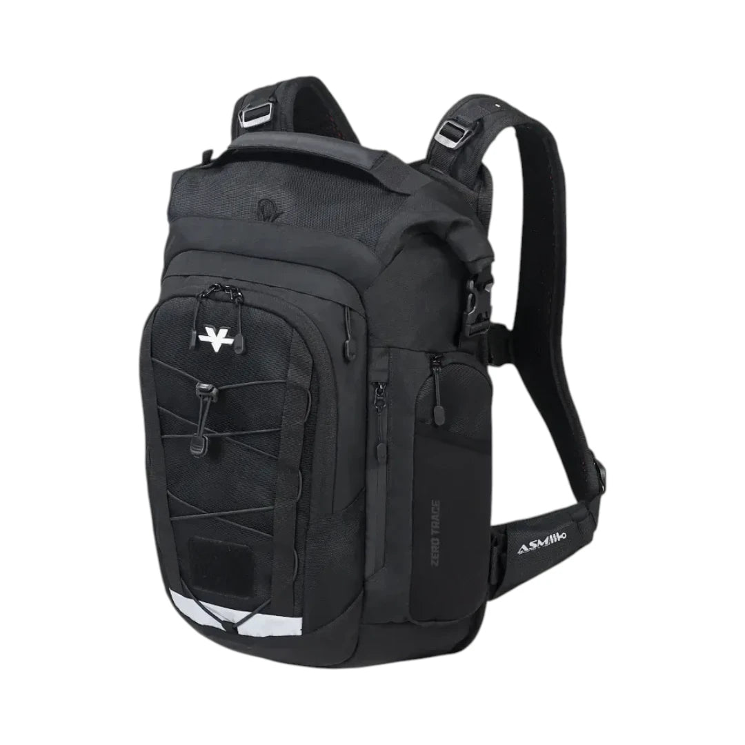 ViaTerra Ruckus 21 black motorcycle backpack with roll-top closure, modular storage, and reflective details.