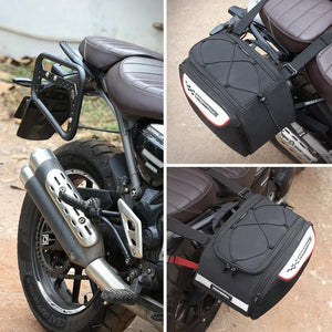 ViaTerra saddlebag rack installed on a Triumph Scrambler 400 with black luggage bags attached