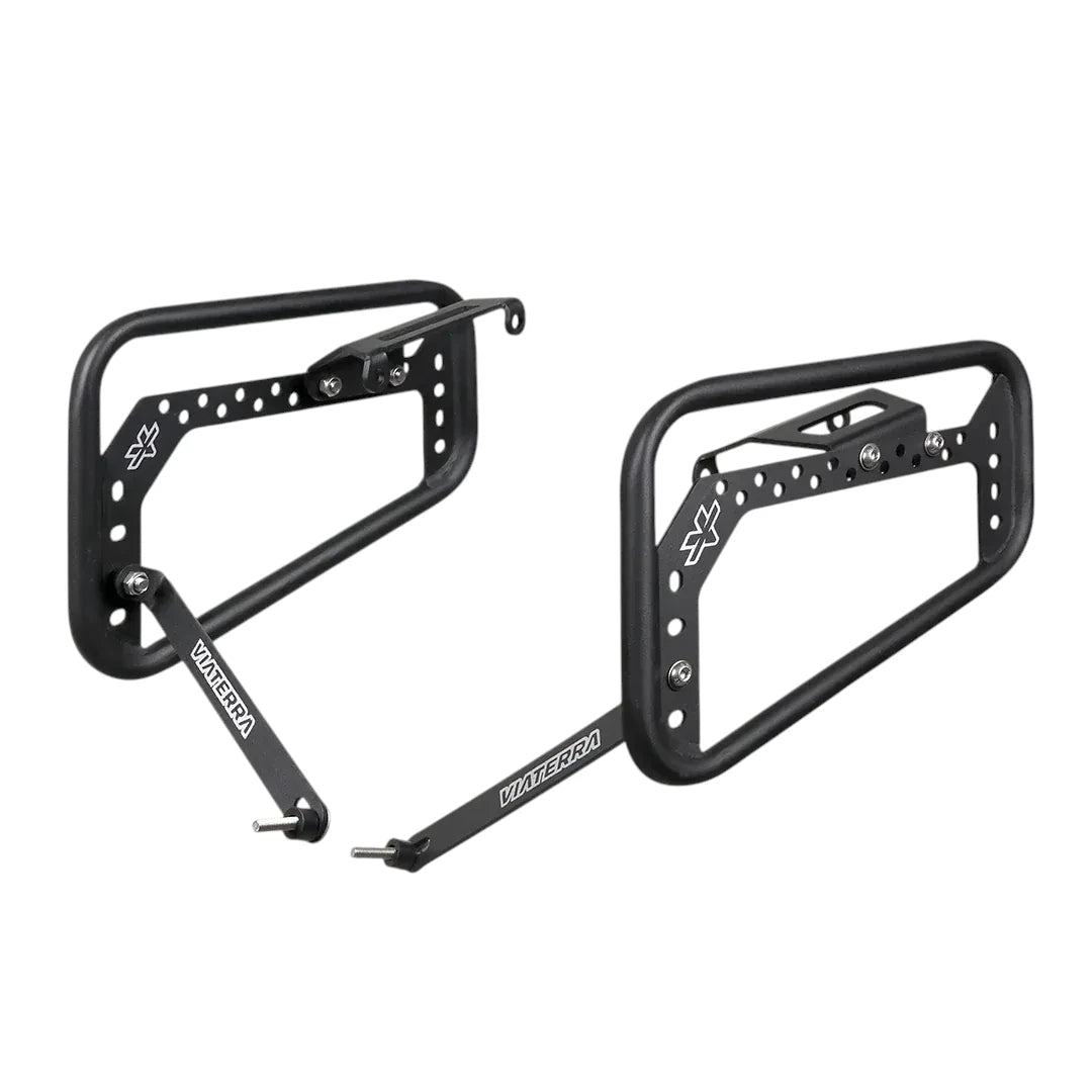 ViaTerra matte black steel saddlebag rack for Triumph Scrambler 400 X and XC motorcycles