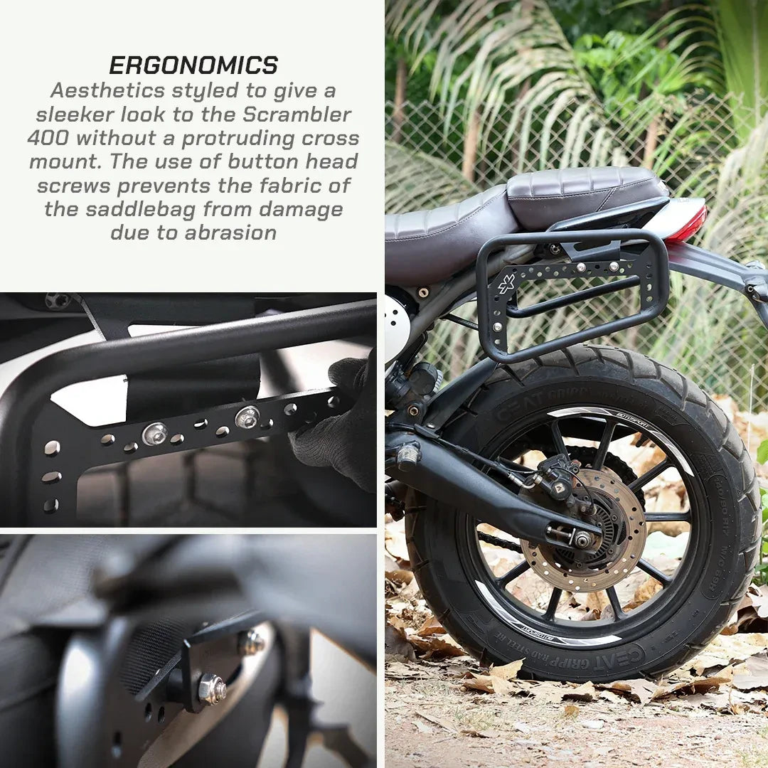 ViaTerra saddlebag rack installed on a Triumph Scrambler 400, showing matte black steel construction.