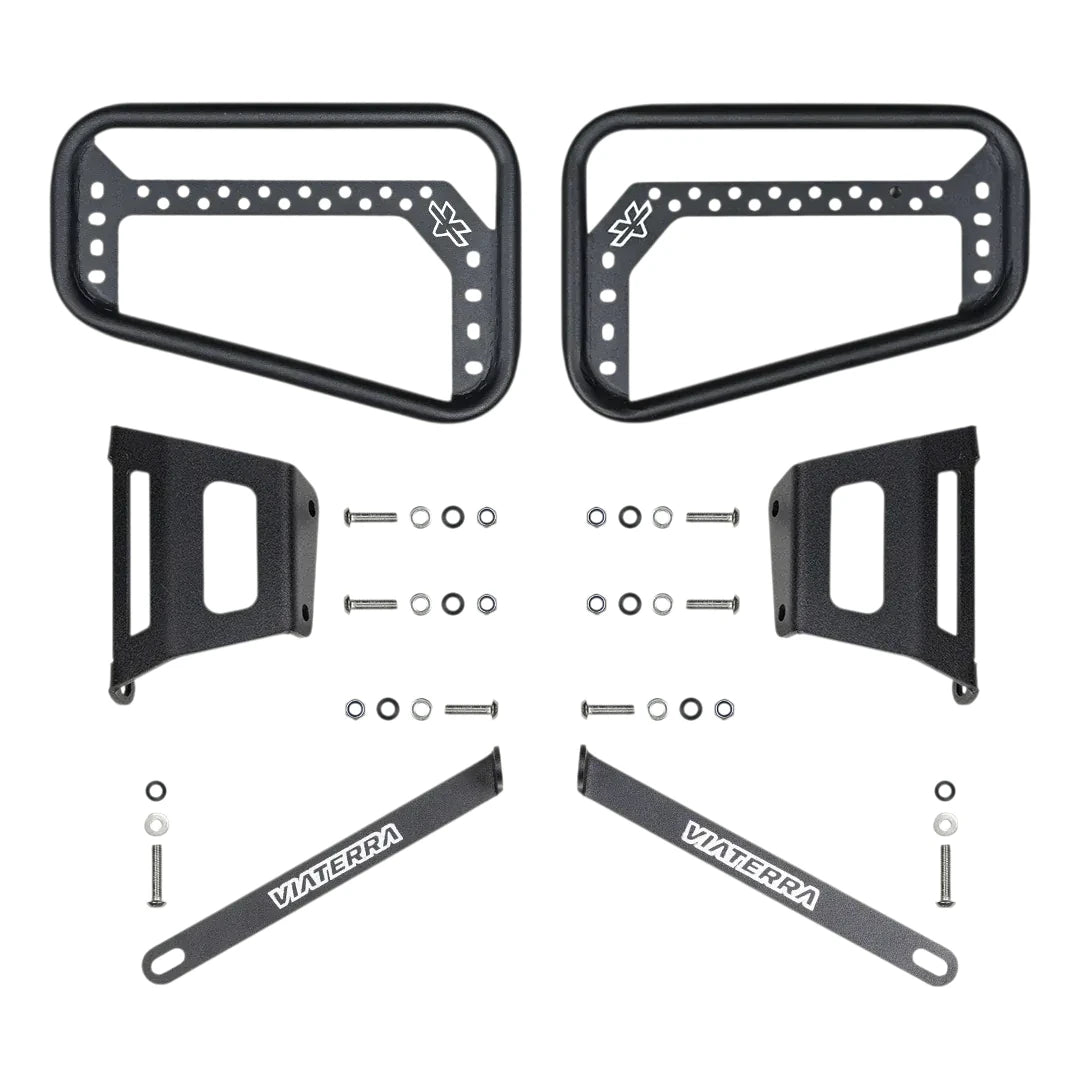 ViaTerra saddlebag rack for Triumph Scrambler 400, matte black steel mounts with hardware and brackets.