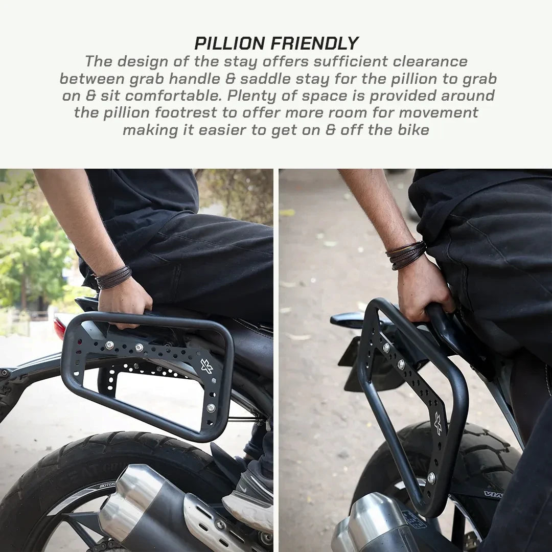 ViaTerra saddlebag rack installed on a Triumph Scrambler 400, showing pillion-friendly clearance and design.