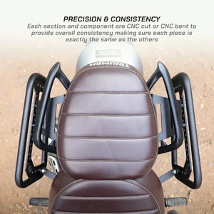 ViaTerra matte black steel saddlebag rack mounted on a Triumph Scrambler 400 motorcycle seat