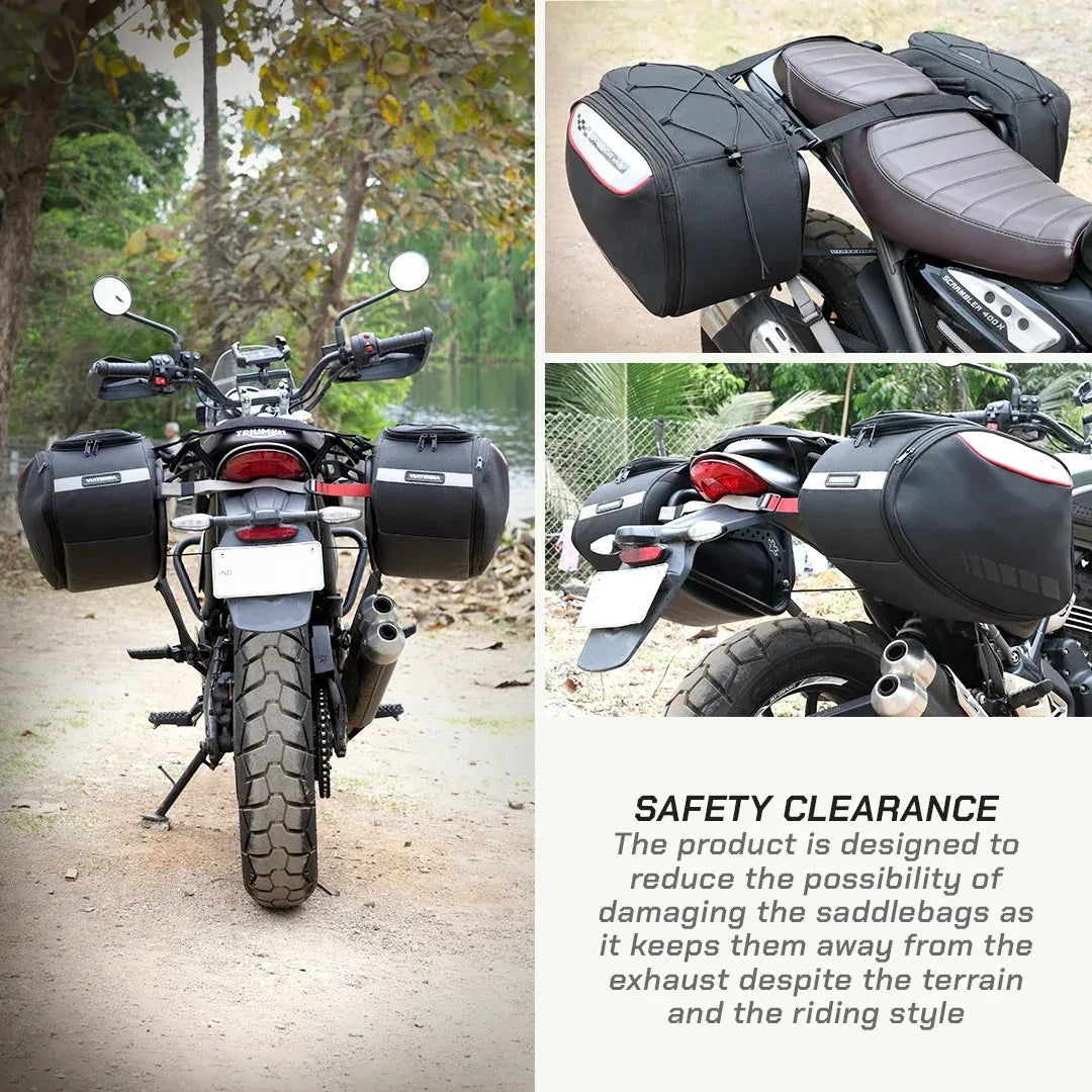 ViaTerra saddlebag rack mounted on a Triumph Scrambler 400, showing luggage clearance from the exhaust