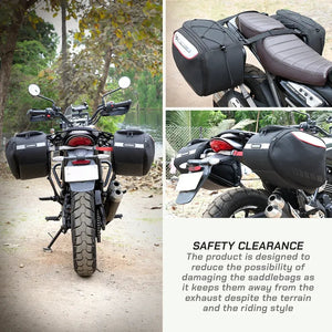 ViaTerra saddlebag rack mounted on a Triumph Scrambler 400, showing luggage clearance from the exhaust
