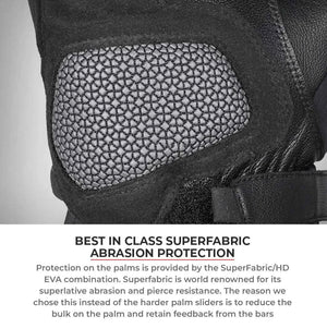 ViaTerra Tundra V3 motorcycle glove palm featuring durable SuperFabric abrasion protection and EVA foam