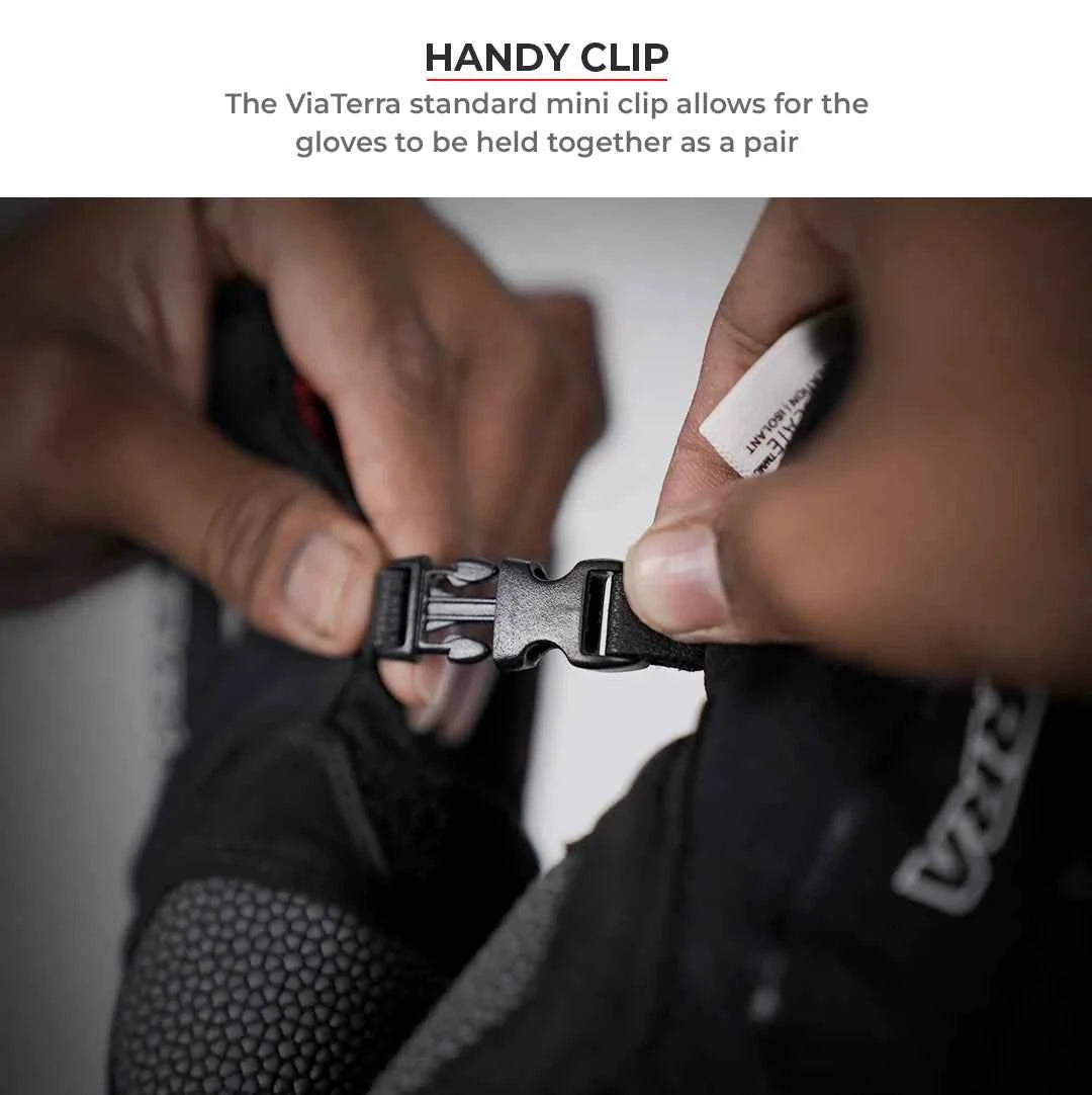 ViaTerra Tundra V3 winter motorcycle gloves featuring a handy clip to keep the pair together