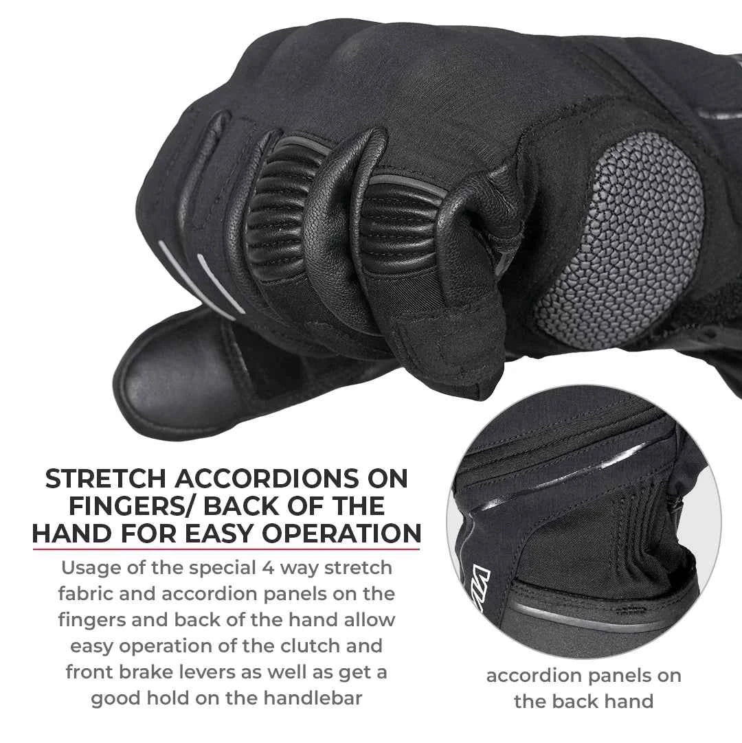 Viaterra Tundra V3 winter motorcycle gloves showing stretch accordion panels on fingers and back of hand