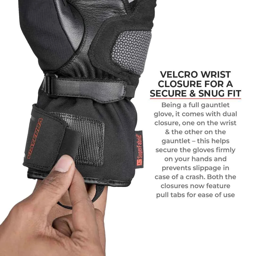 ViaTerra Tundra V3 winter motorcycle gloves showing the dual Velcro wrist and gauntlet closure system