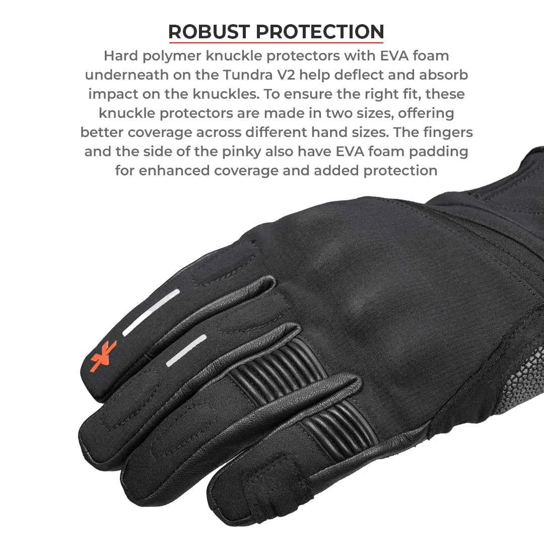 Viaterra Tundra V3 motorcycle glove showing hard polymer knuckle protection and EVA foam padding details