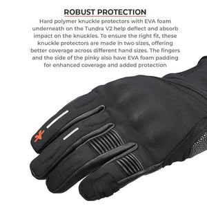 Viaterra Tundra V3 motorcycle glove showing hard polymer knuckle protection and EVA foam padding details
