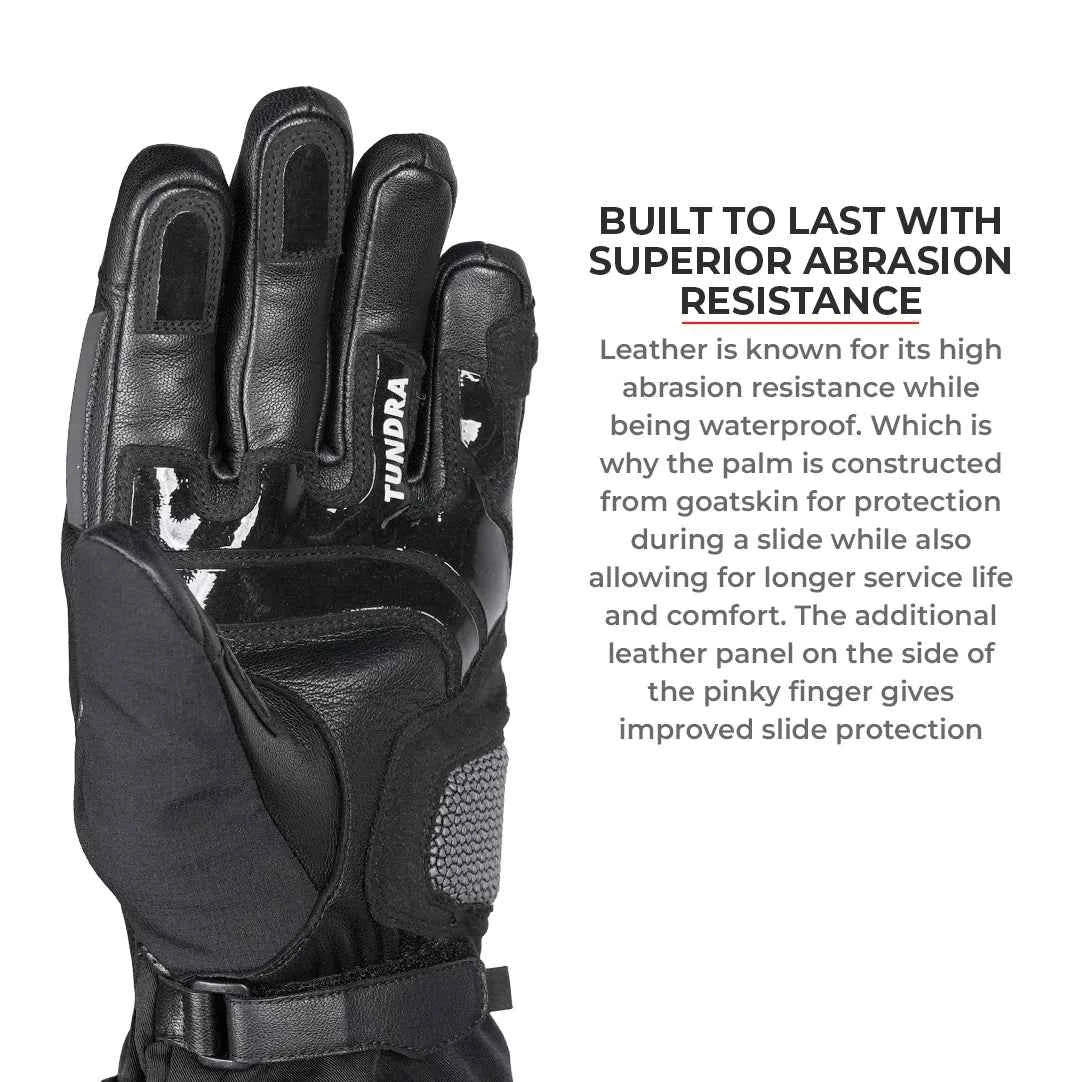 ViaTerra Tundra V3 black goatskin leather motorcycle glove palm view with SuperFabric reinforcement
