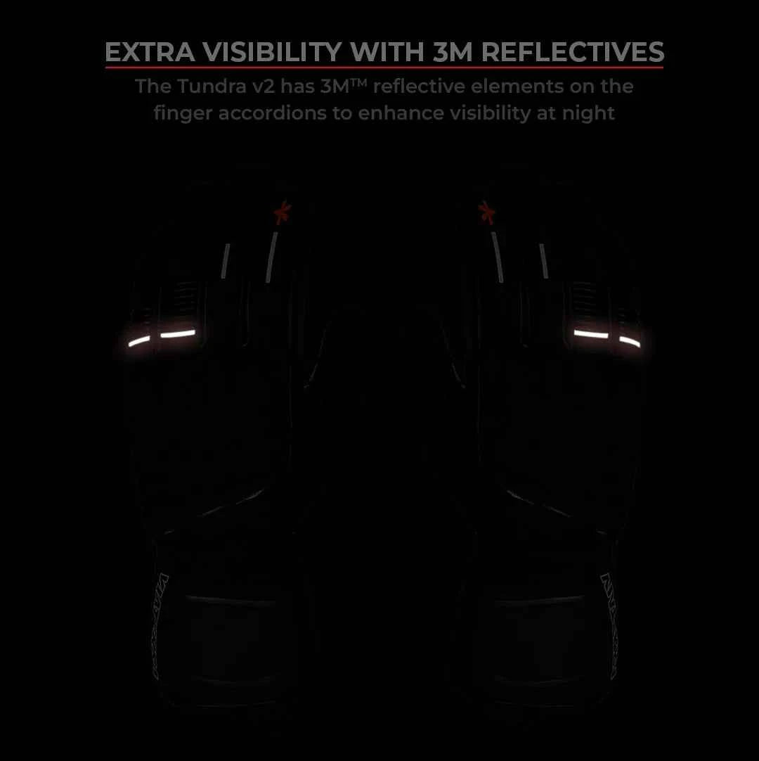 ViaTerra Tundra V3 winter motorcycle gloves showing 3M reflective elements on fingers in low light