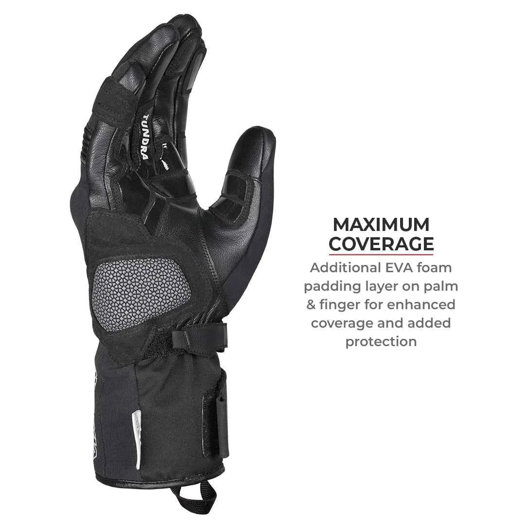 Viaterra Tundra V3 winter motorcycle gloves featuring goatskin leather, palm padding, and gauntlet cuff.
