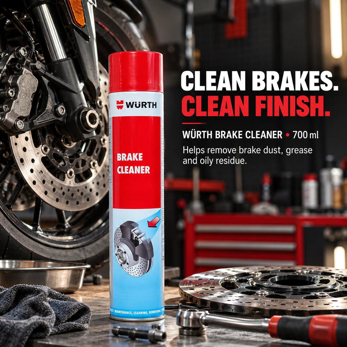 Motodrift Wurth 700ml brake cleaner and degreaser spray can on a workshop workbench with motorcycle brake components.