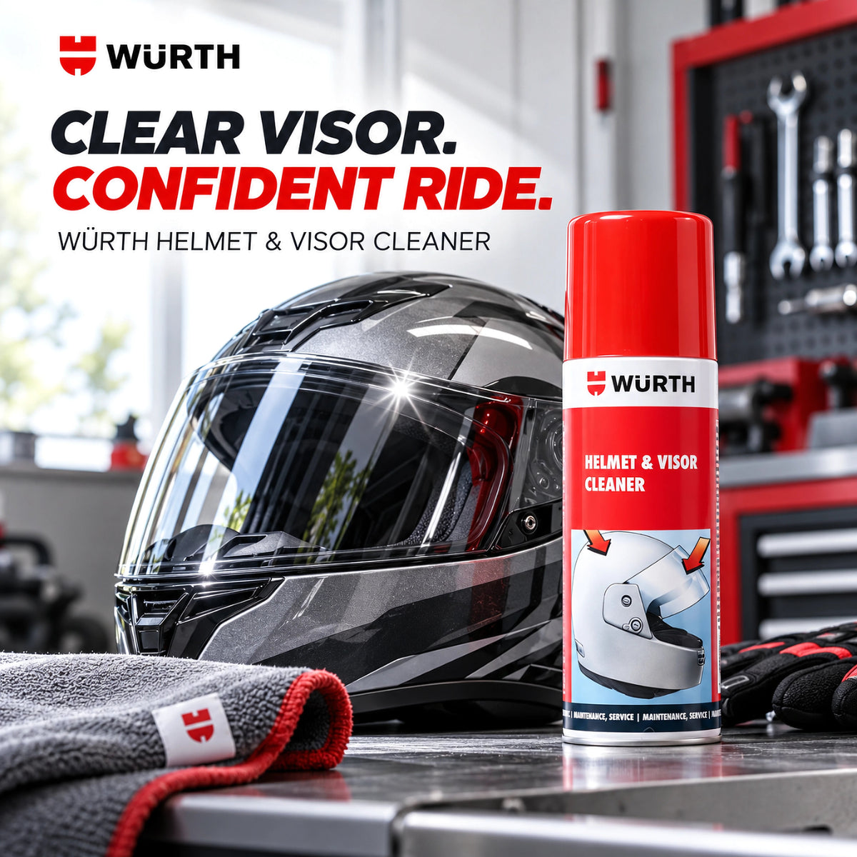 Wurth helmet and visor cleaner spray bottle with a motorcycle helmet and cleaning cloth on a workbench