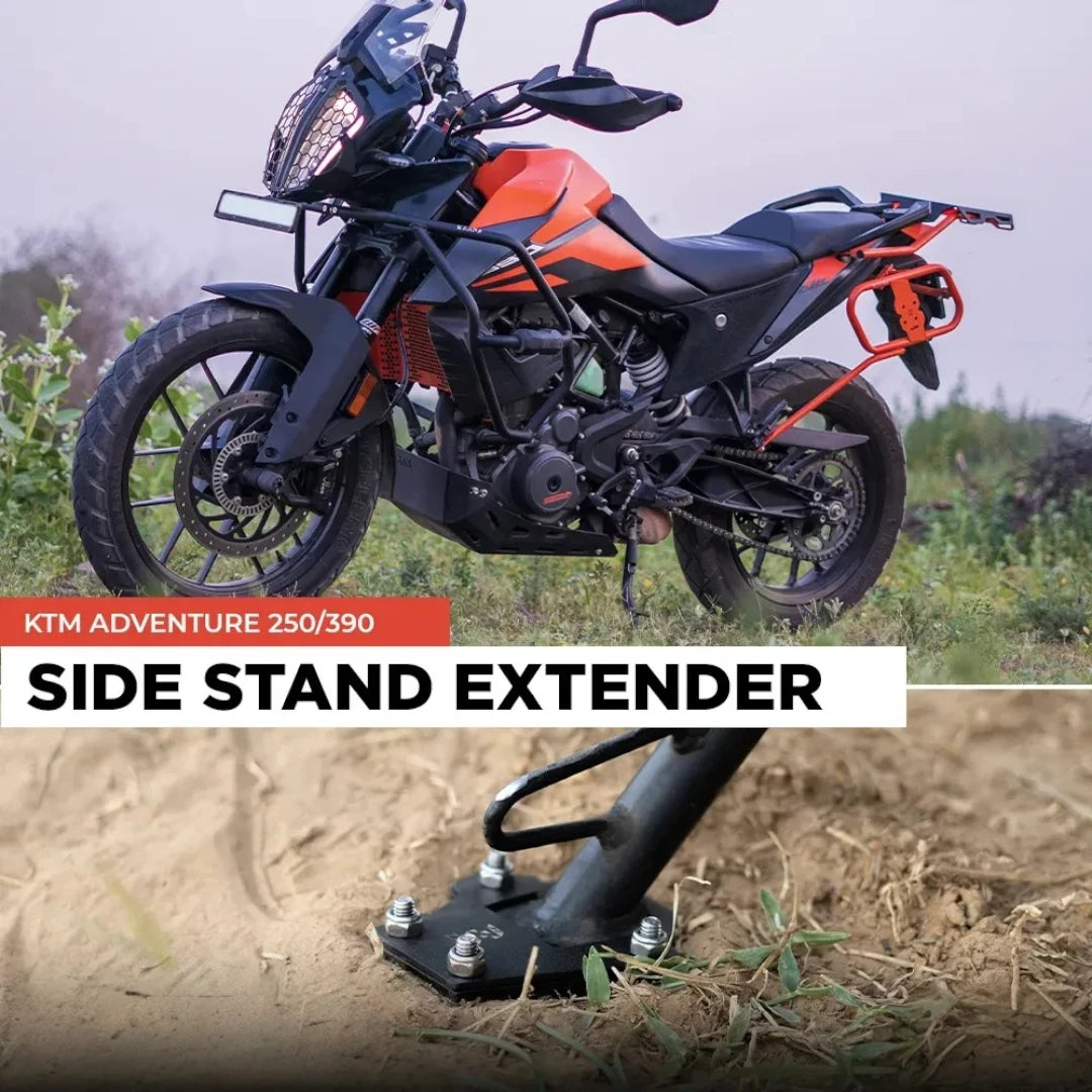 Zana side stand extender installed on KTM Adventure motorcycle